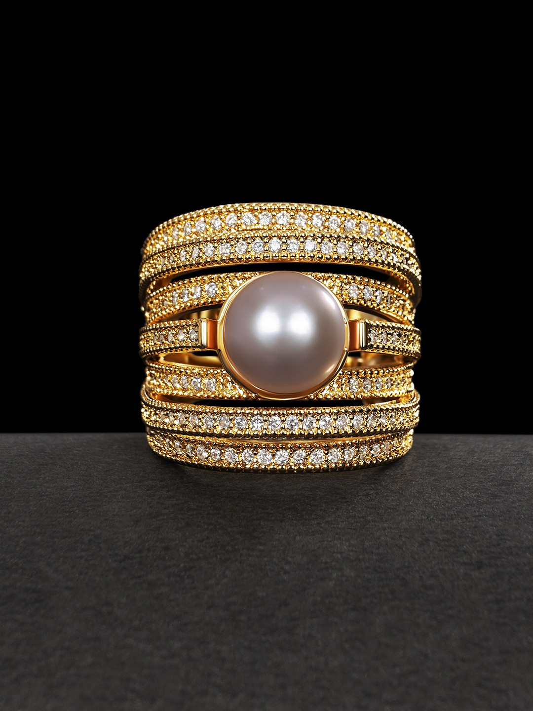 

anore Gold-Plated AAA+ Zircon Beads & Pearls Studded Adjustable Finger Ring