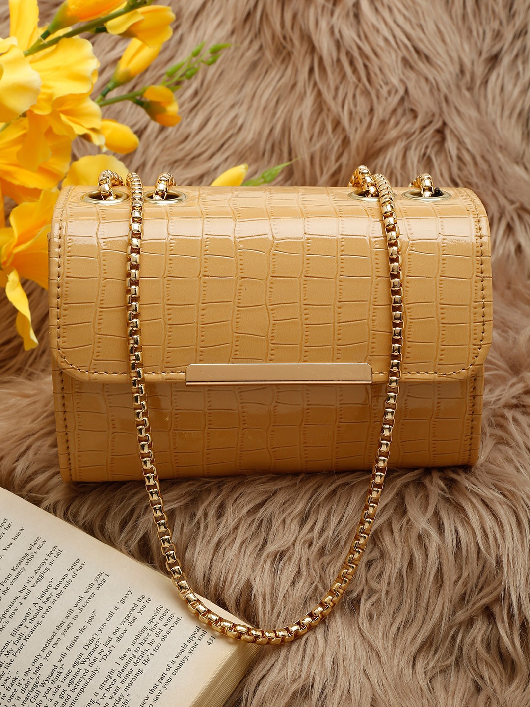 

DressBerry Yellow Textured Structured Sling Bag with Fringed