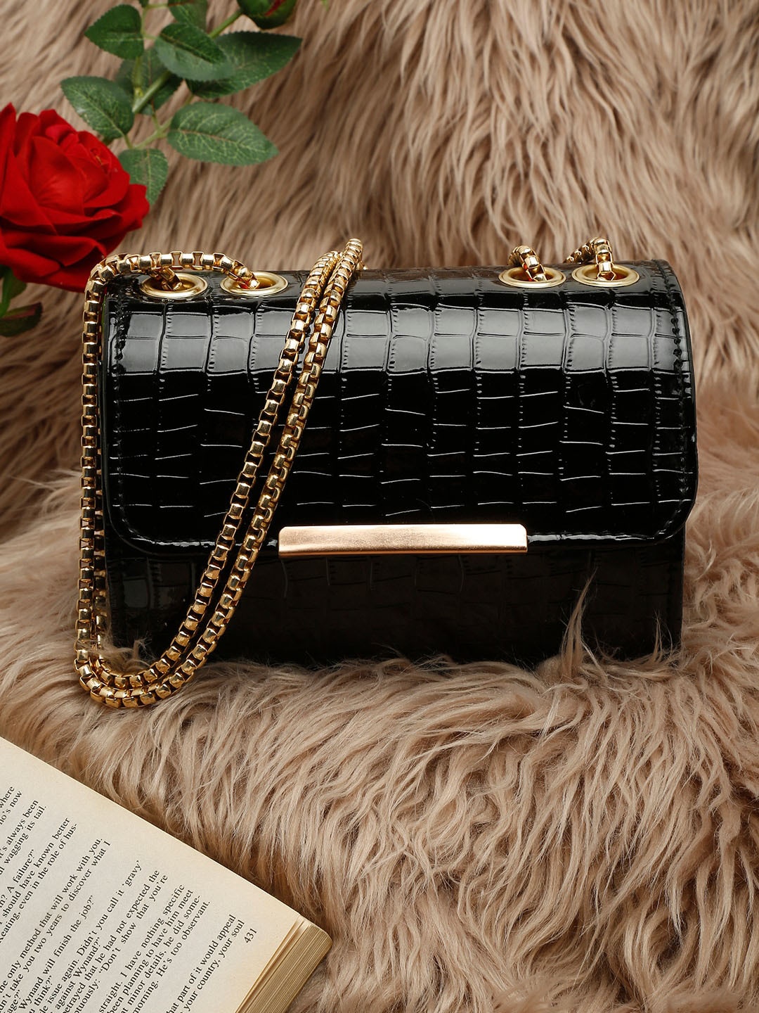 

DressBerry Black Textured Structured Handheld Bag with Fringed