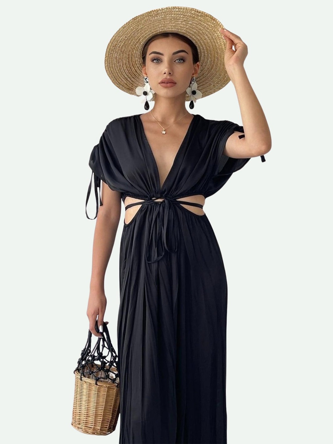 

BOLDMISS Accordion Pleats Cut Out Tie Up Maxi Dress, Black