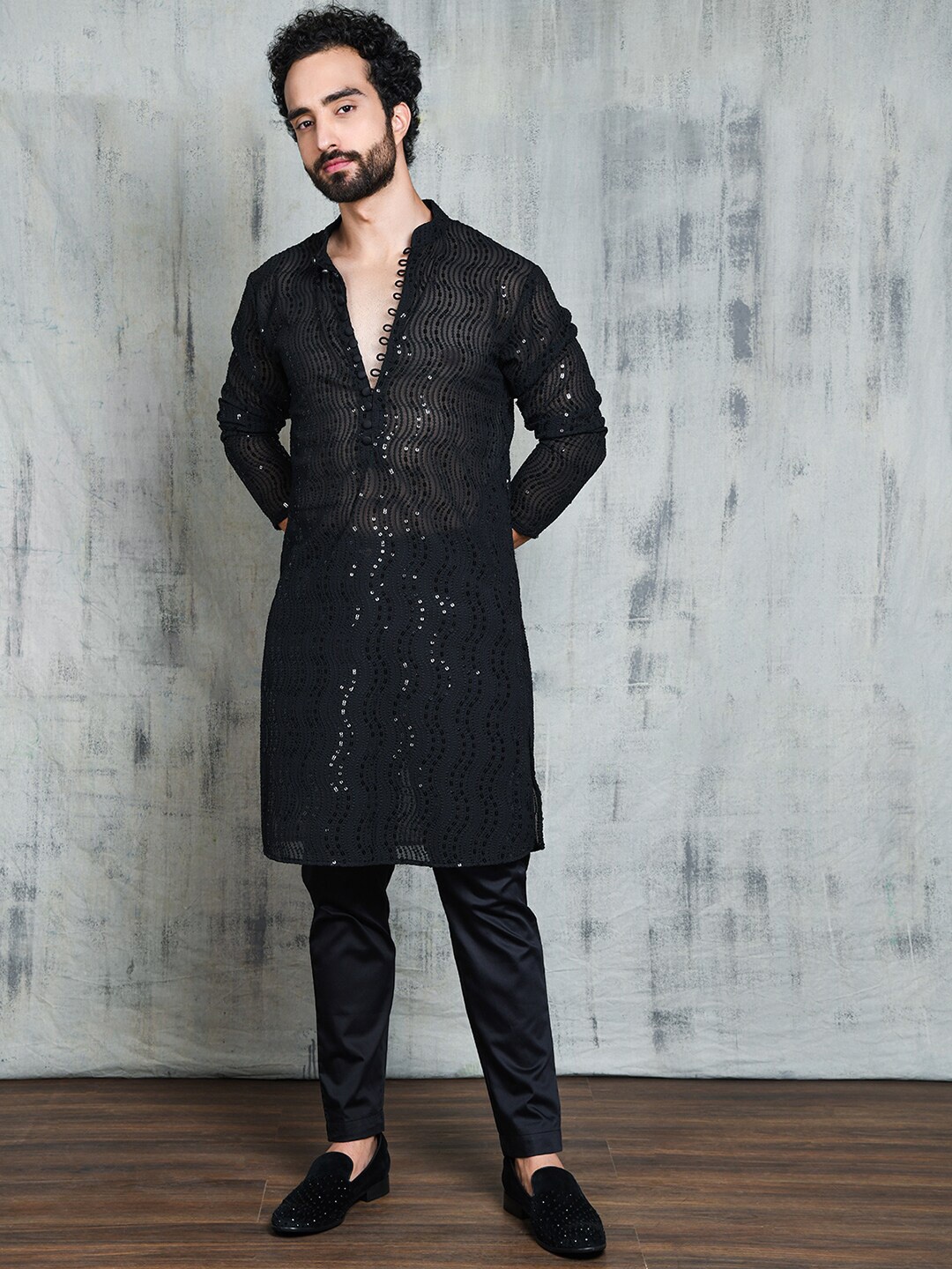 Be Desi Embellished Sequinned Georgette Kurta, Black