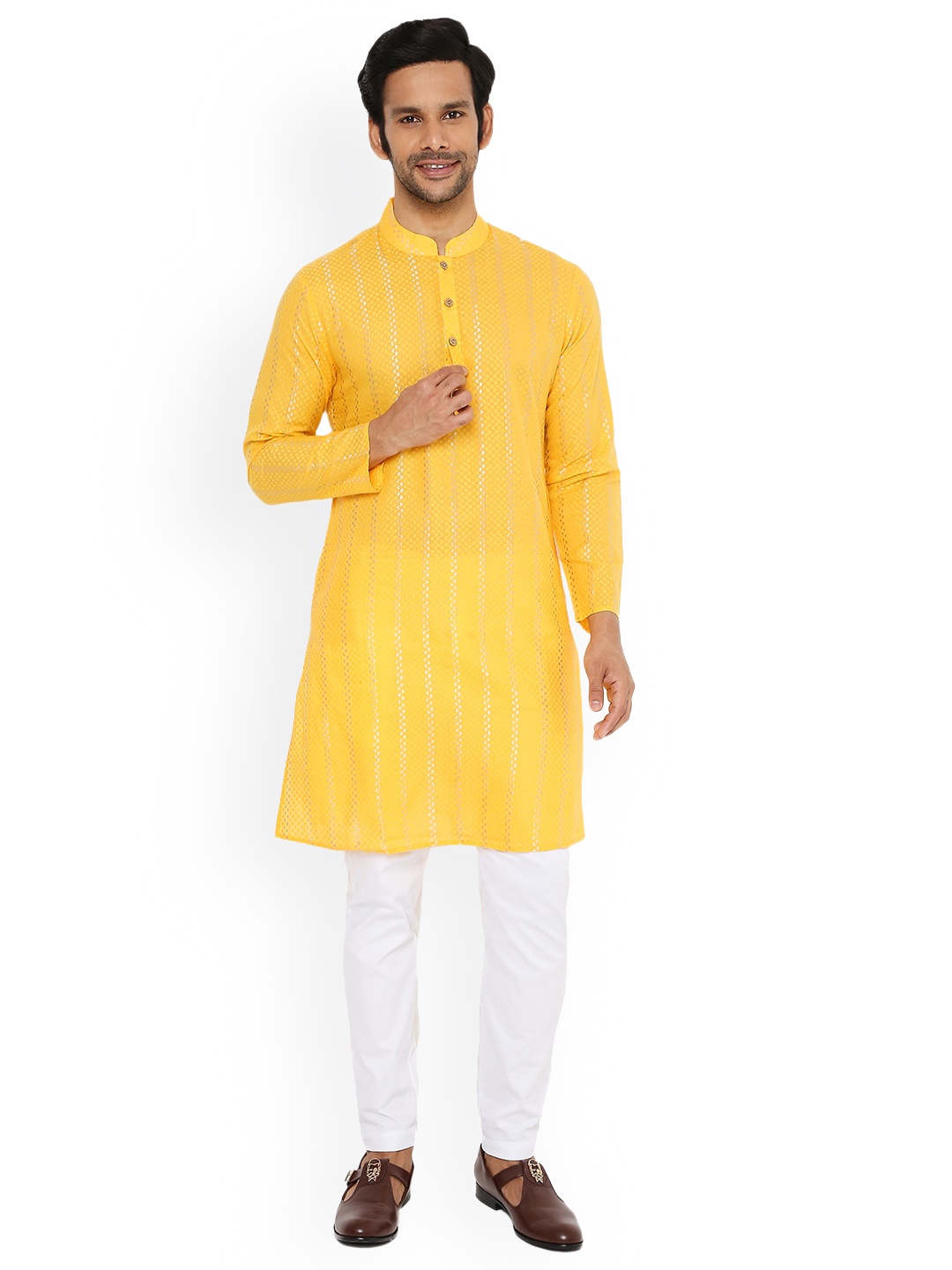 

Be Desi Men Woven Design Mandarin Collar Cotton Straight Kurta, Yellow