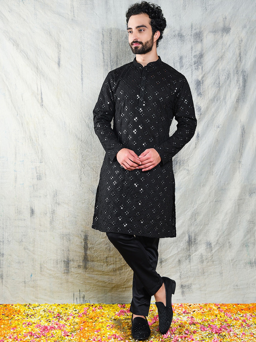 

Be Desi Ethnic Motifs Embroidered Sequined Cotton Kurta, Black