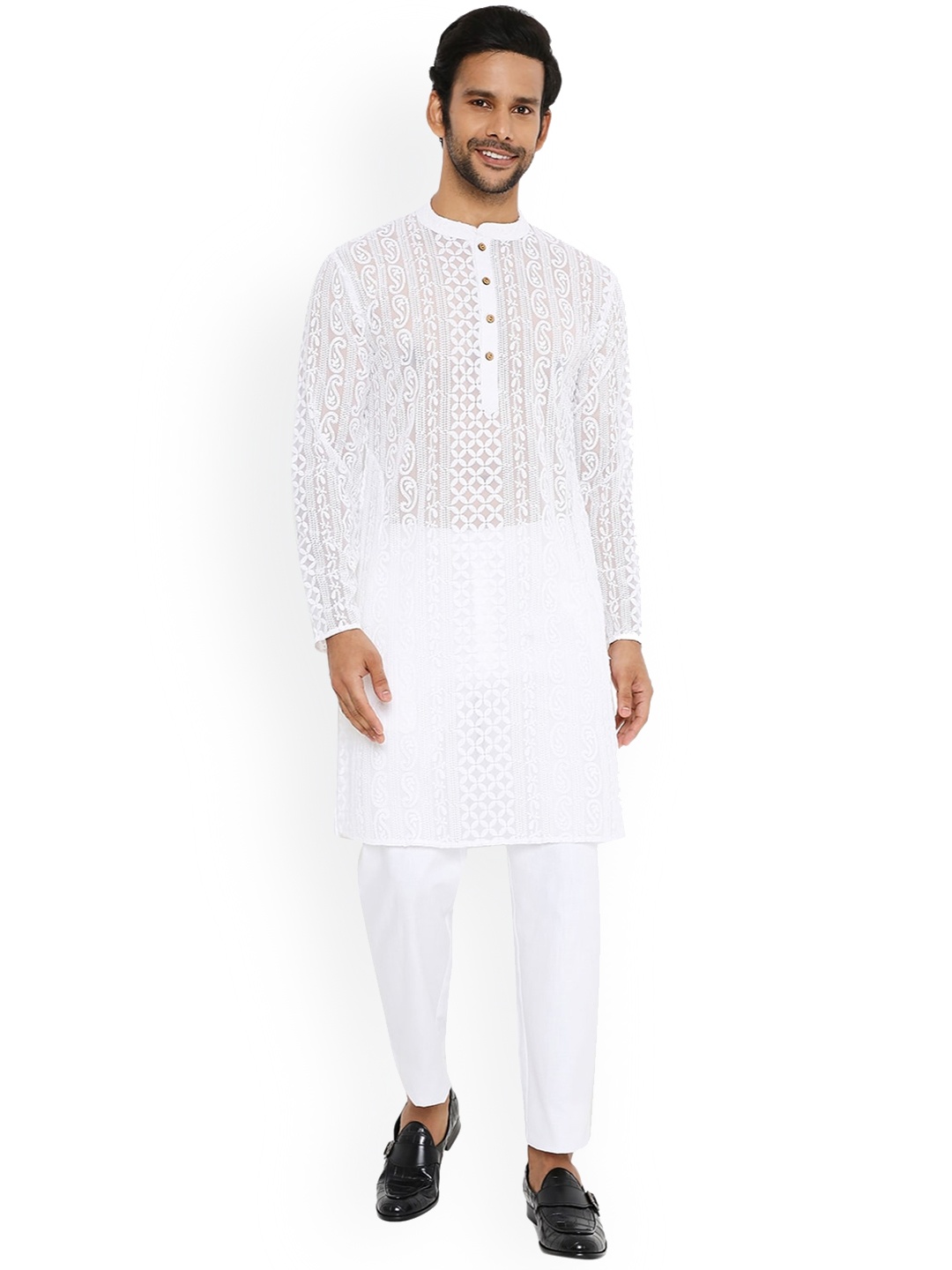 

Be Desi Mandarin Collar Chikankari Georgette Kurta, White