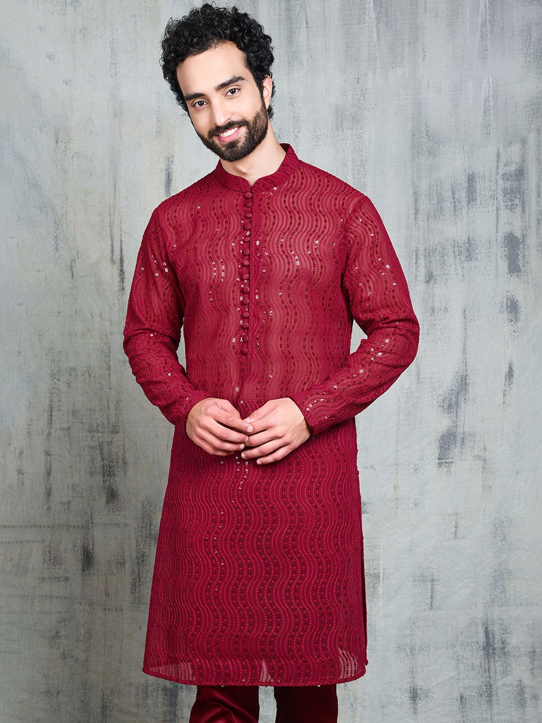 

Be Desi Men Sequins Embroidered Georgette Kurta, Maroon