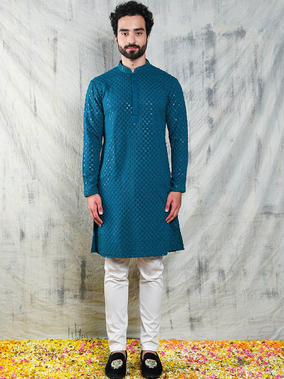 

Be Desi Ethnic Motifs Embroidered Sequined Cotton Kurta, Turquoise blue