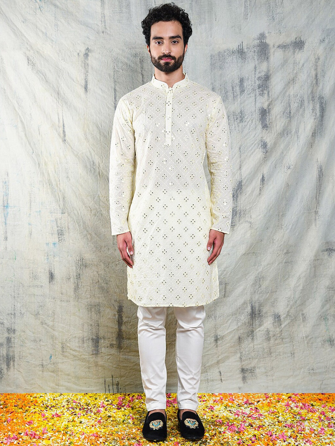 

Be Desi Ethnic Motifs Embroidered Mirror Work Cotton Kurta, Off white