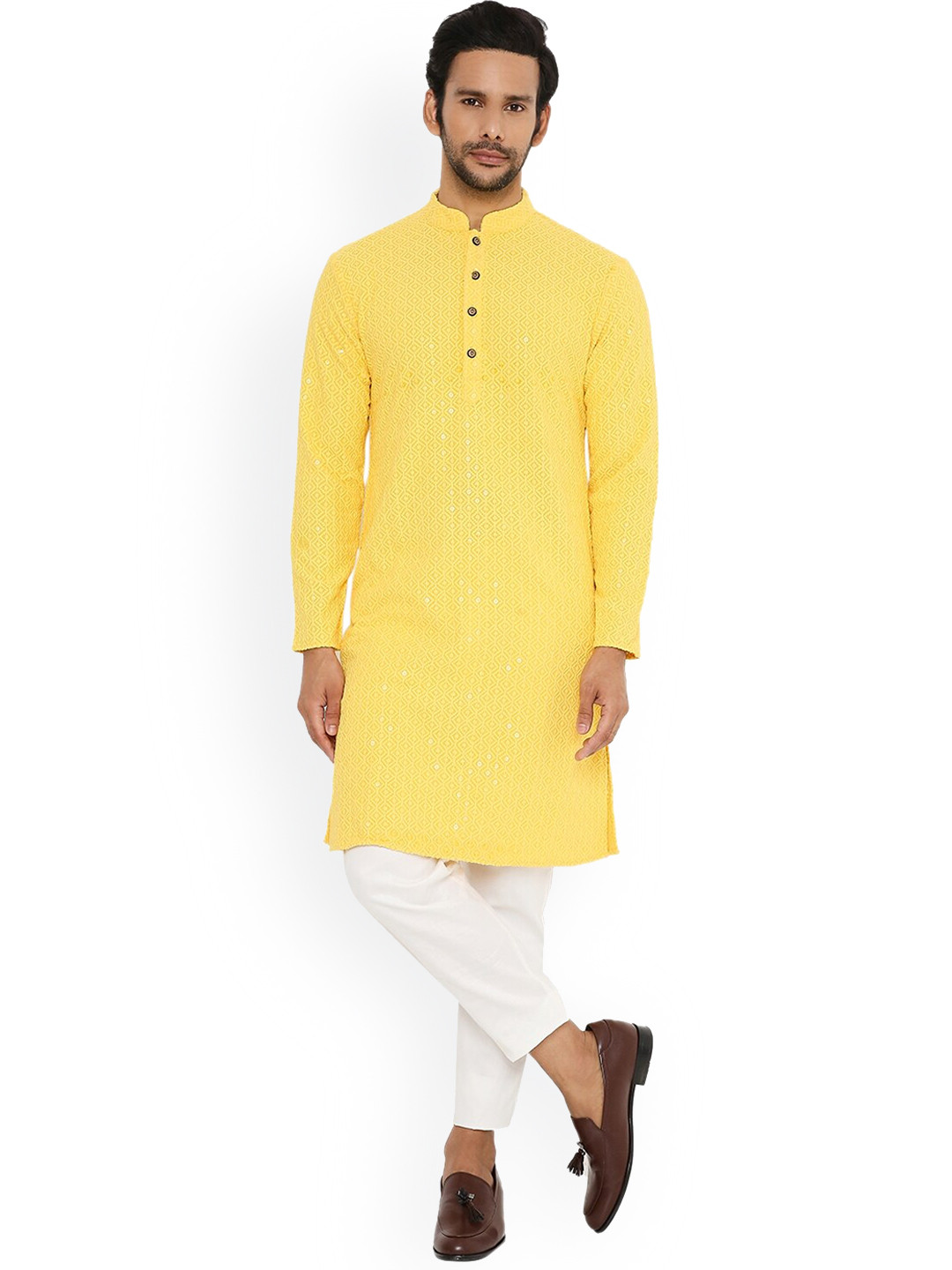 

Be Desi Men Sequins Embroidered Chikankari Kurta, Yellow