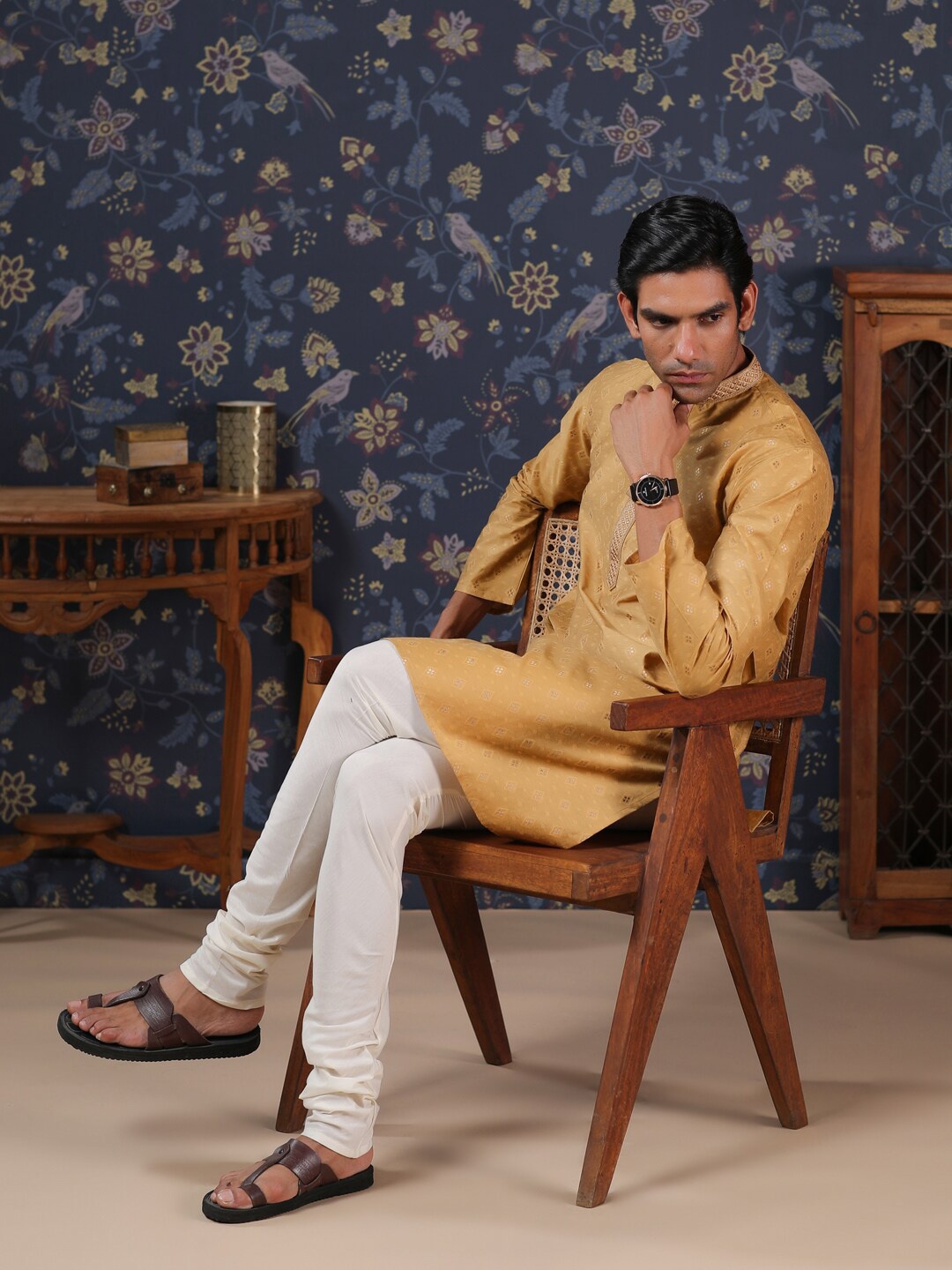 

House of Pataudi Ethnic Motifs Pure Cotton Kurta with Churidar, Mustard