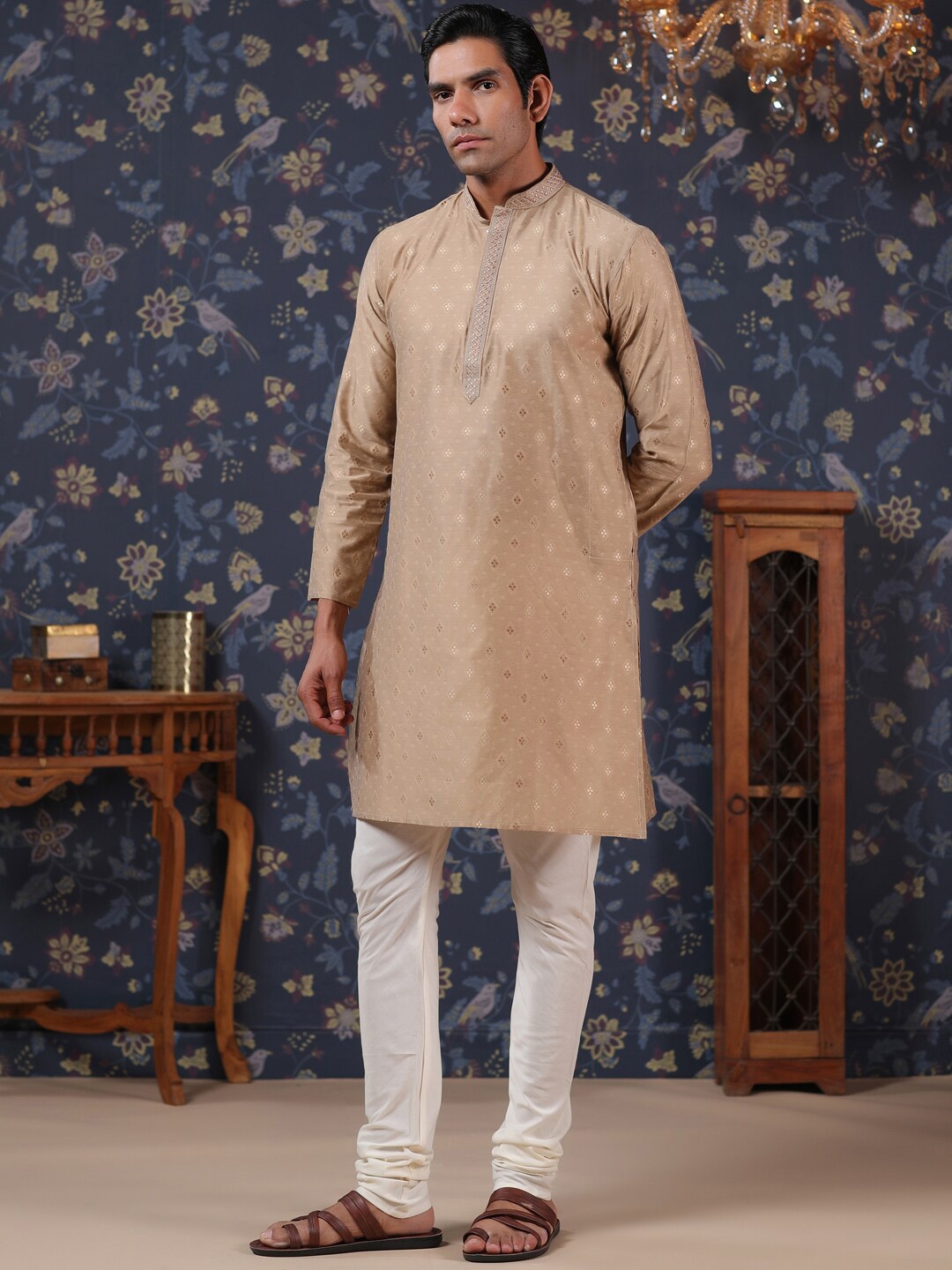 

House of Pataudi Regular Pure Cotton Kurta with Churidar, Brown