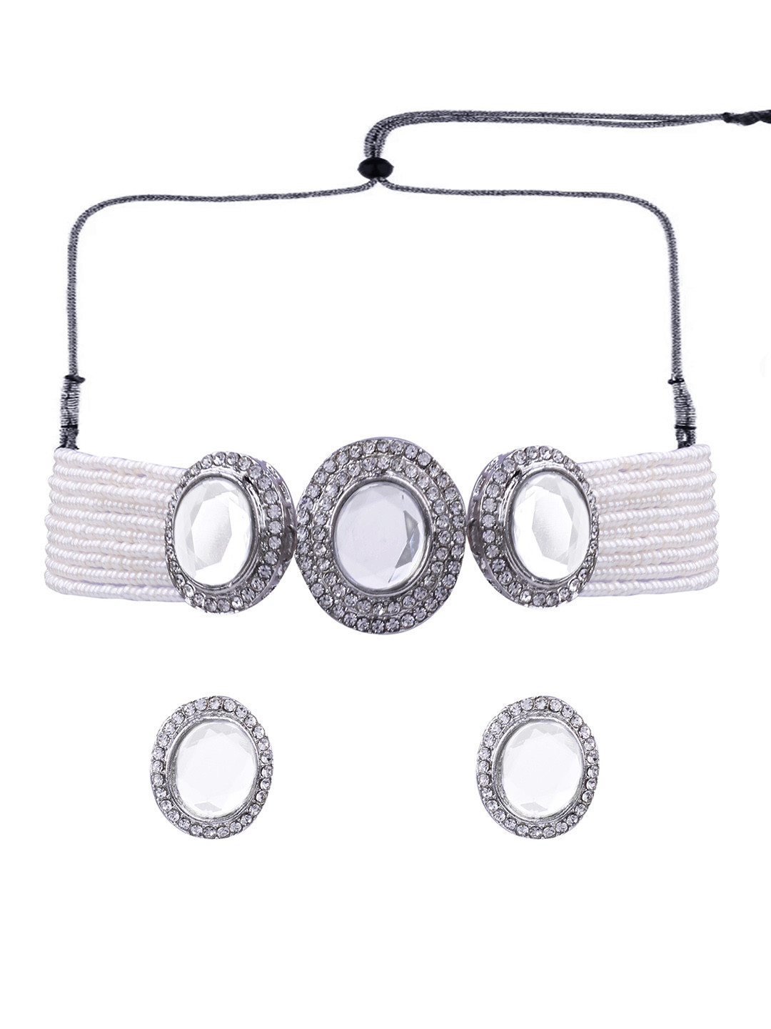 

AASHISH IMITATION Rhodium-Plated Stone Studded & Beaded Necklace & Earrings, Silver
