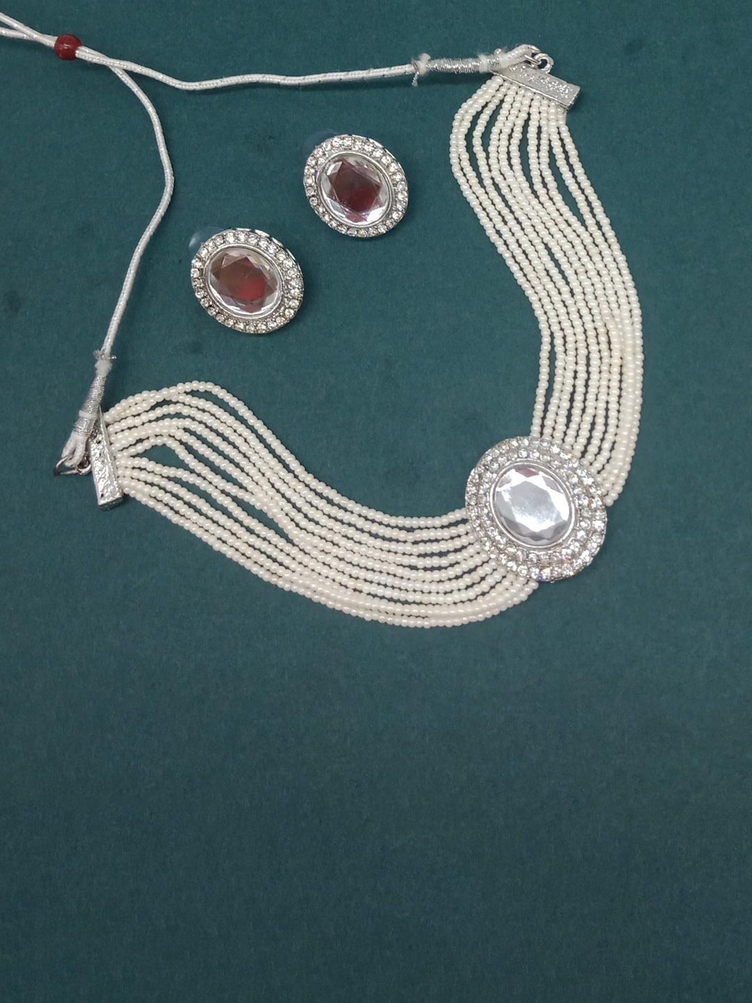 

AASHISH IMITATION Rhodium-Plated Stone Studded & Beaded Necklace & Earrings, Silver