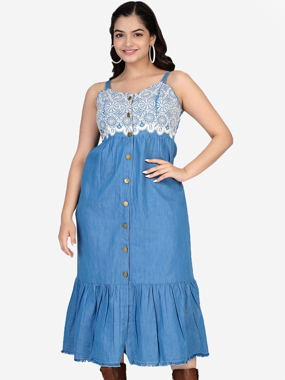 

SUMAVI-FASHION Ethnic Motifs Embroidered Denim Cotton Fit & Flare Dress, Blue