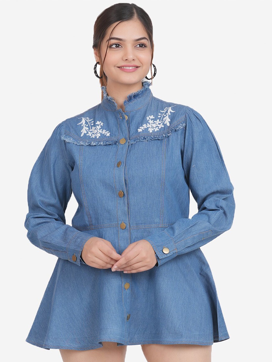 

SUMAVI-FASHION Denim Gathred Or Pleated Cotton Shirt Mini Dress, Blue