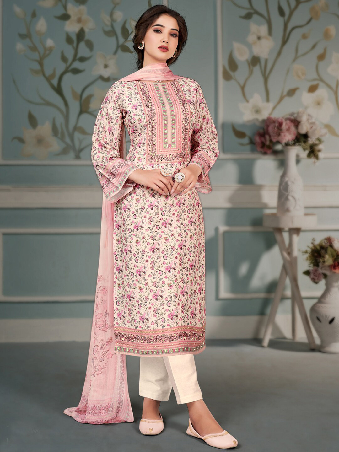 

Stylee LIFESTYLE Floral Printed & Embroidered Unstitched Dress Material, Pink