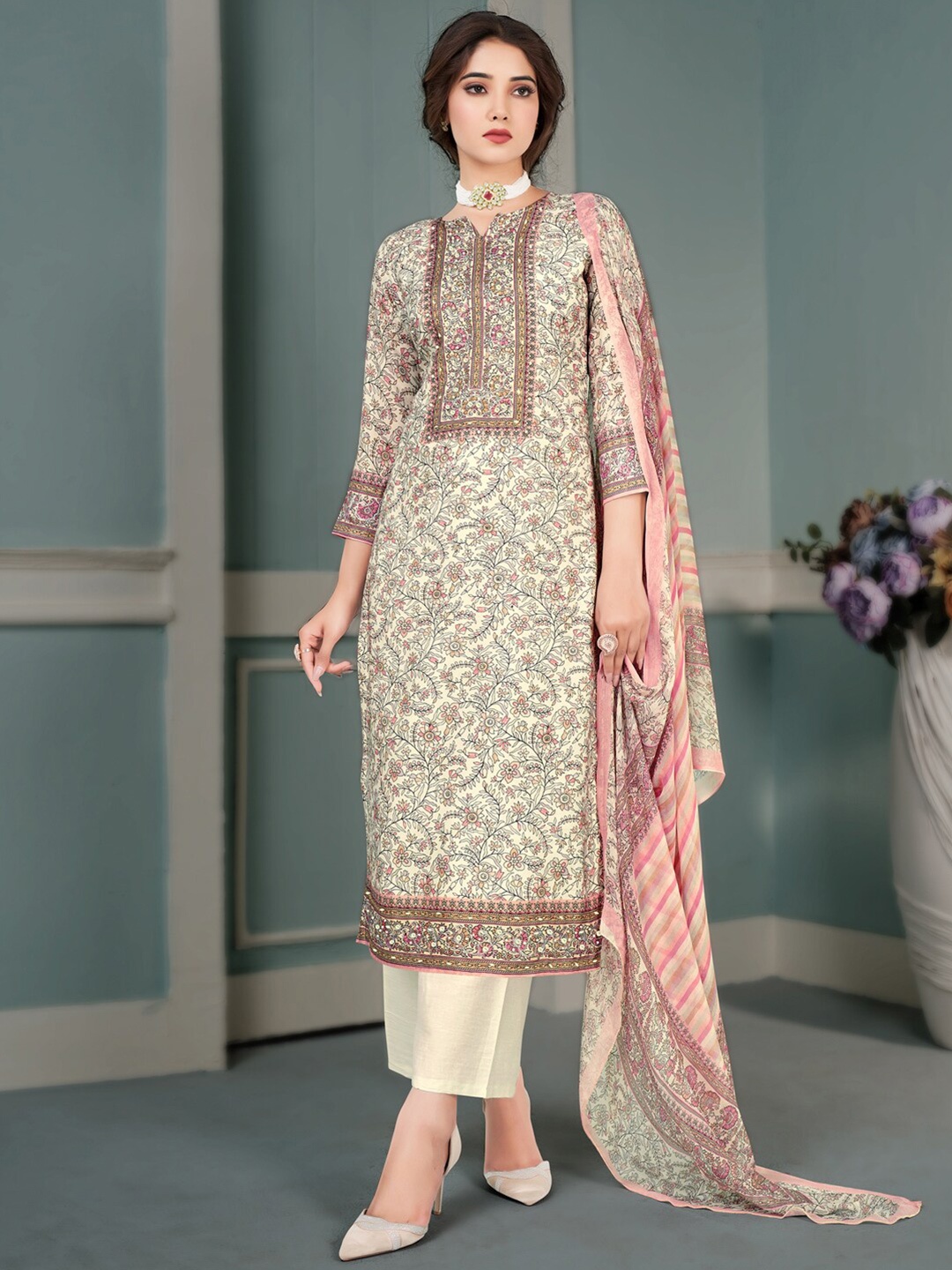 

Stylee LIFESTYLE Floral Printed & Embroidered Unstitched Dress Material, Off white