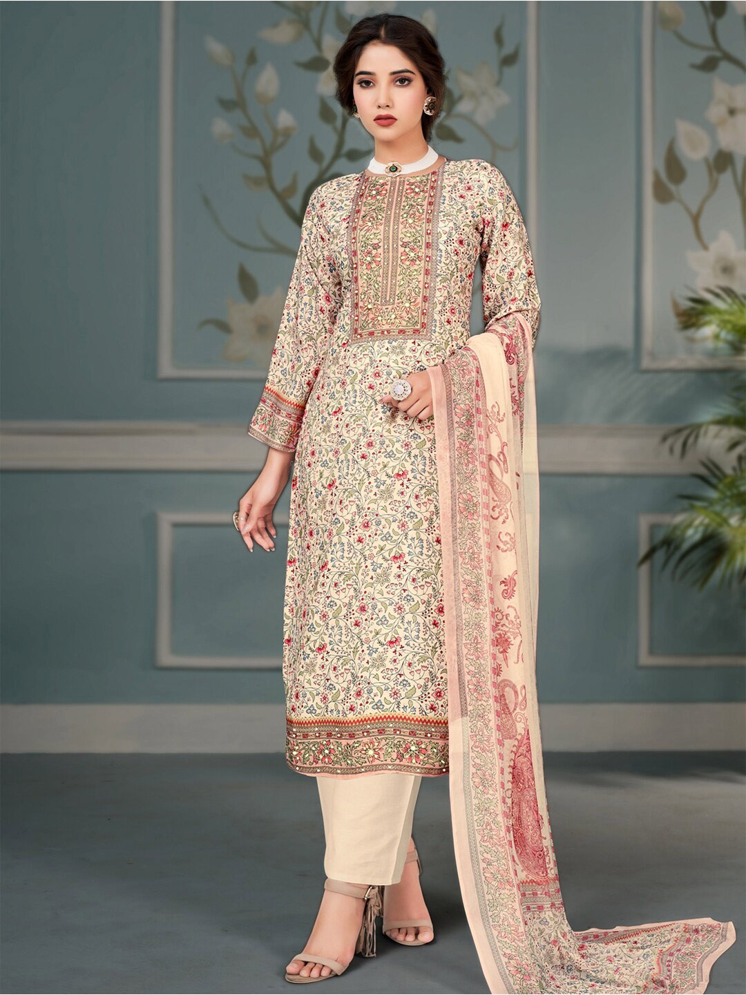 

Stylee LIFESTYLE Floral Printed & Embroidered Unstitched Dress Material, Beige