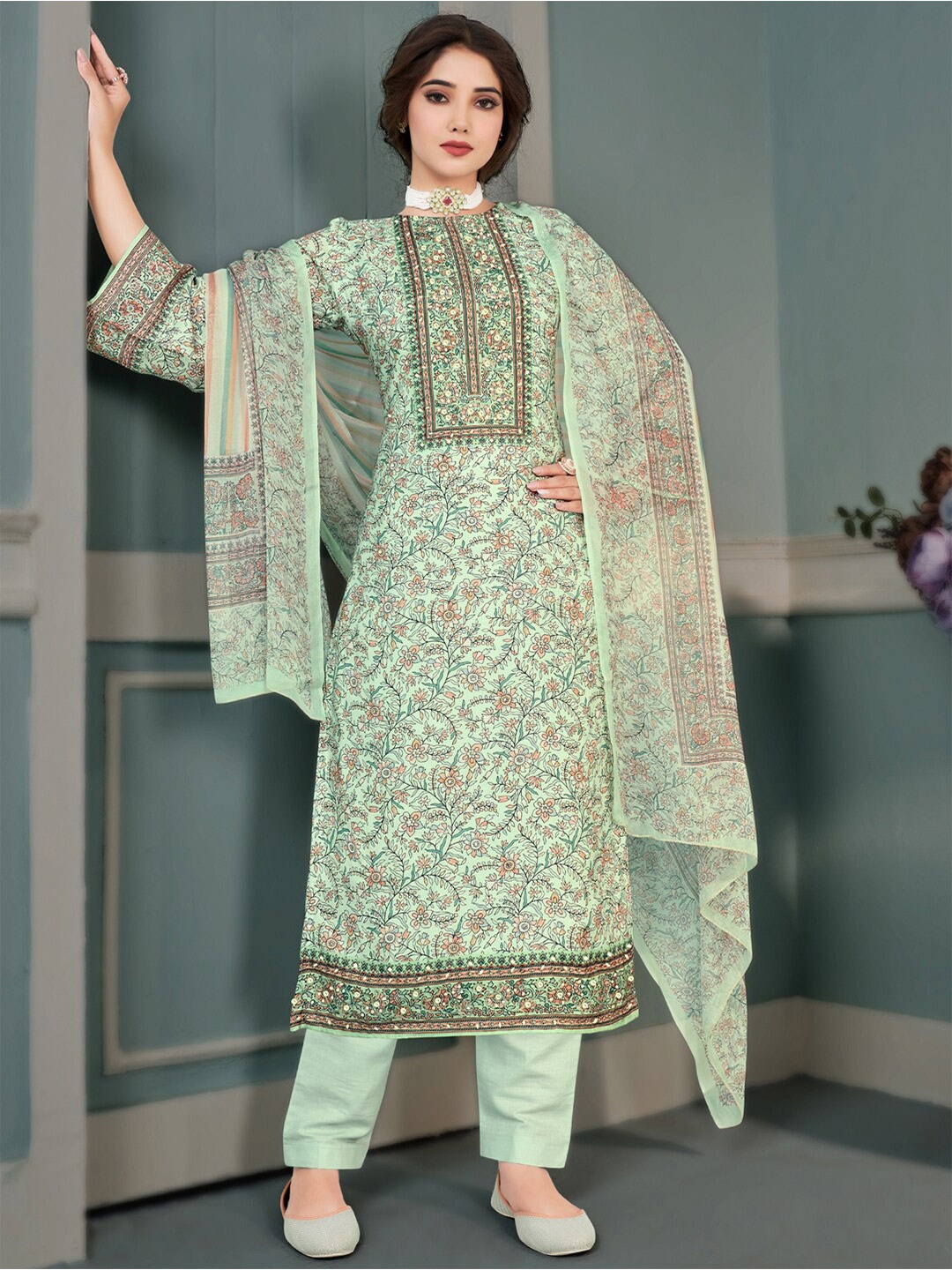 

Stylee LIFESTYLE Floral Printed & Embroidered Unstitched Dress Material, Green