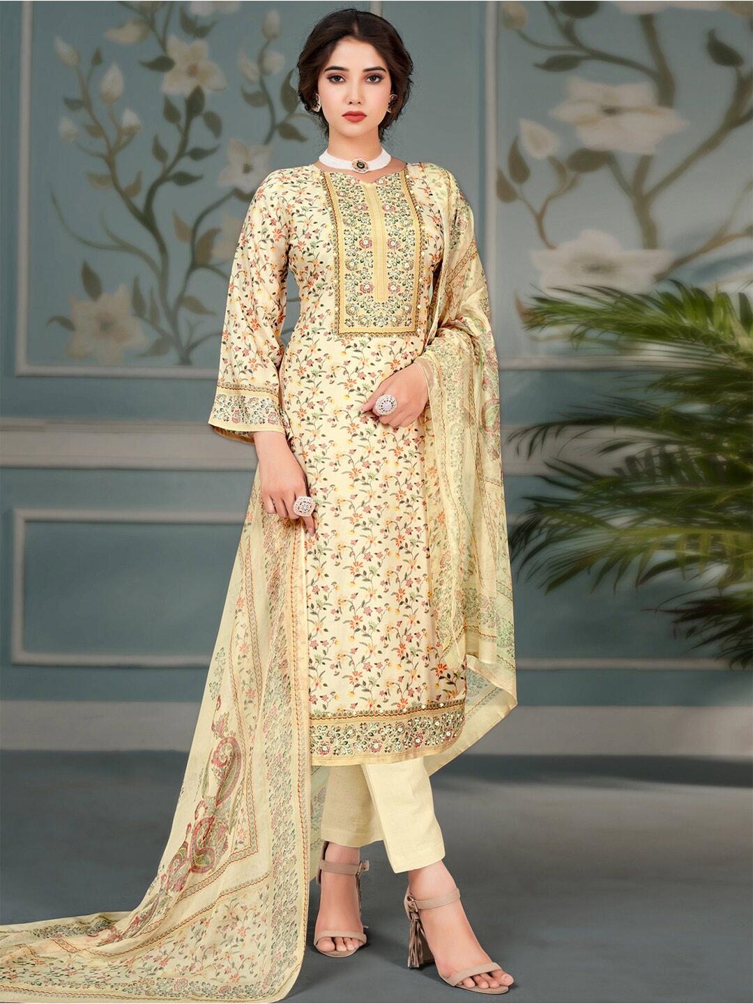 

Stylee LIFESTYLE Floral Printed & Embroidered Unstitched Dress Material, Cream