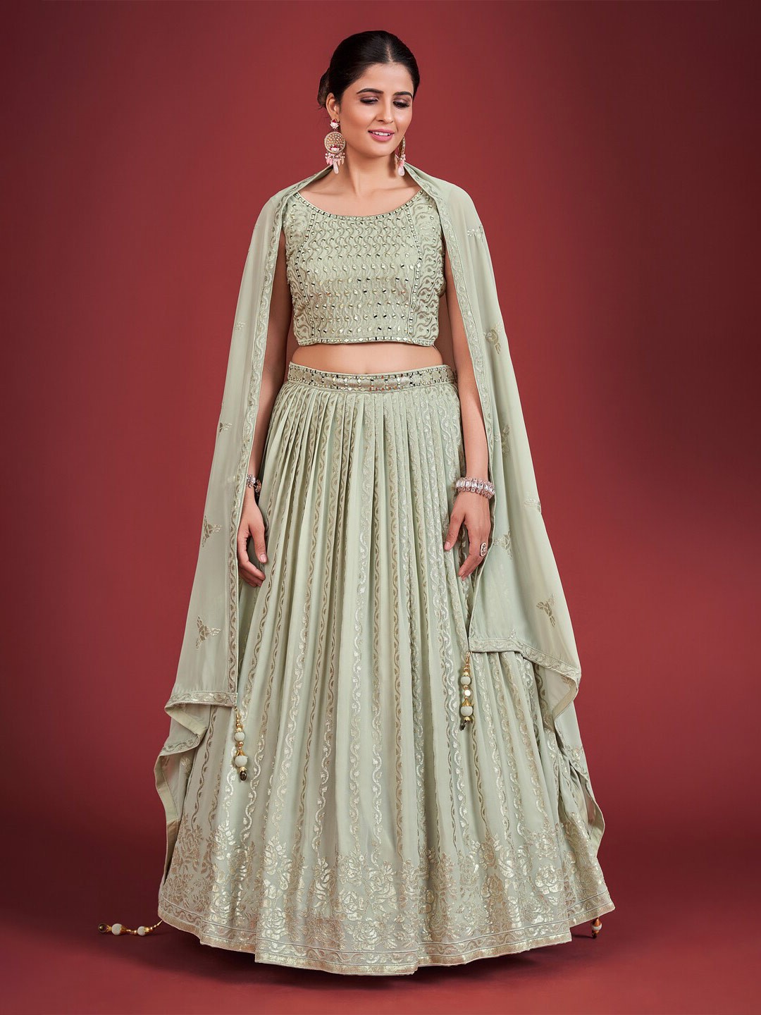 

DRESSTIVE Embroidered Sequinned Ready To Wear Lehenga & Blouse With Dupatta, Olive