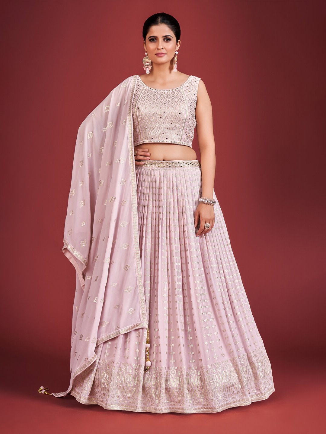 

DRESSTIVE Embroidered Sequinned Ready To Wear Lehenga & Blouse With Dupatta, Purple