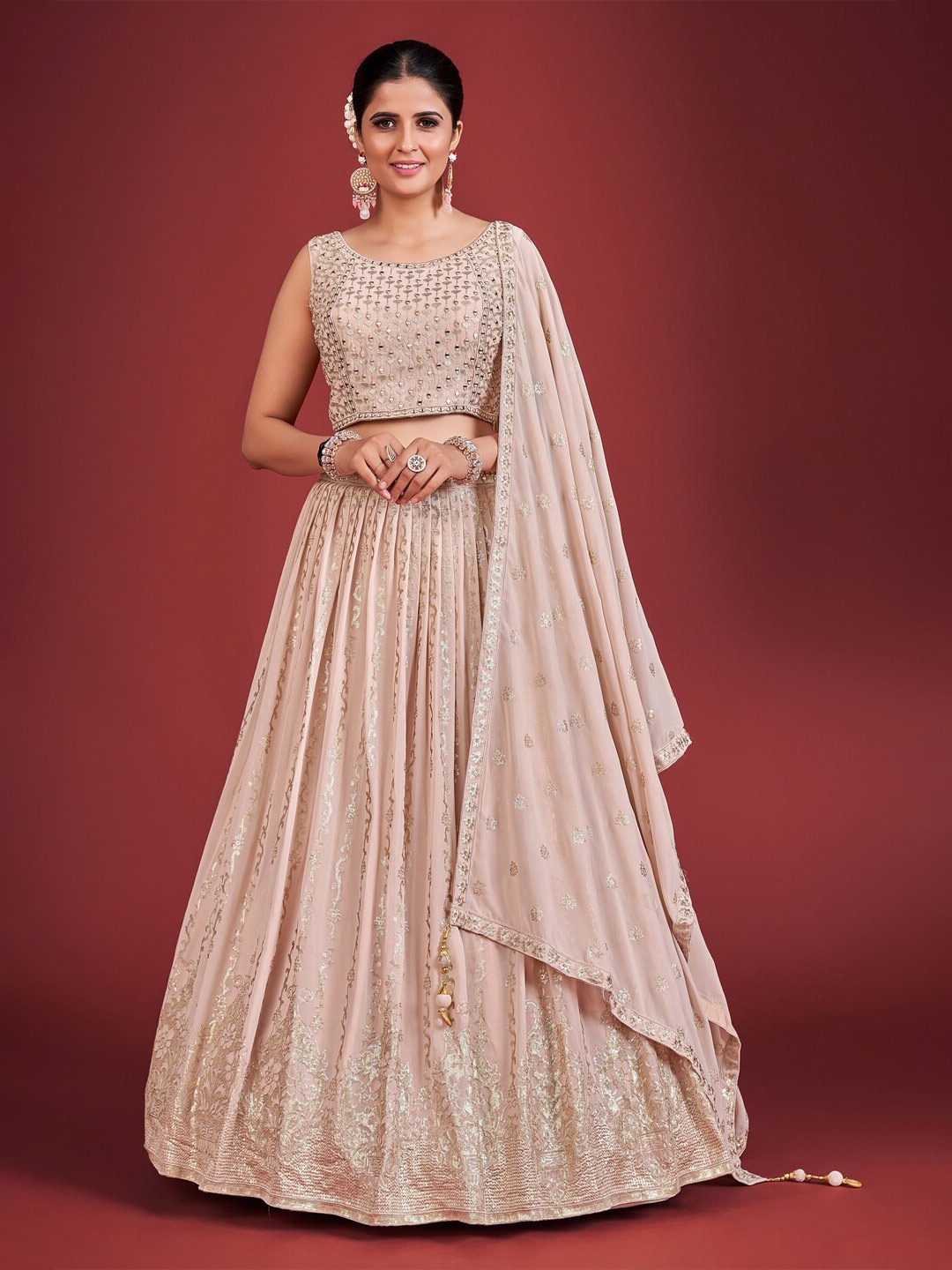 

DRESSTIVE Embroidered Sequinned Ready To Wear Lehenga & Blouse With Dupatta, Peach