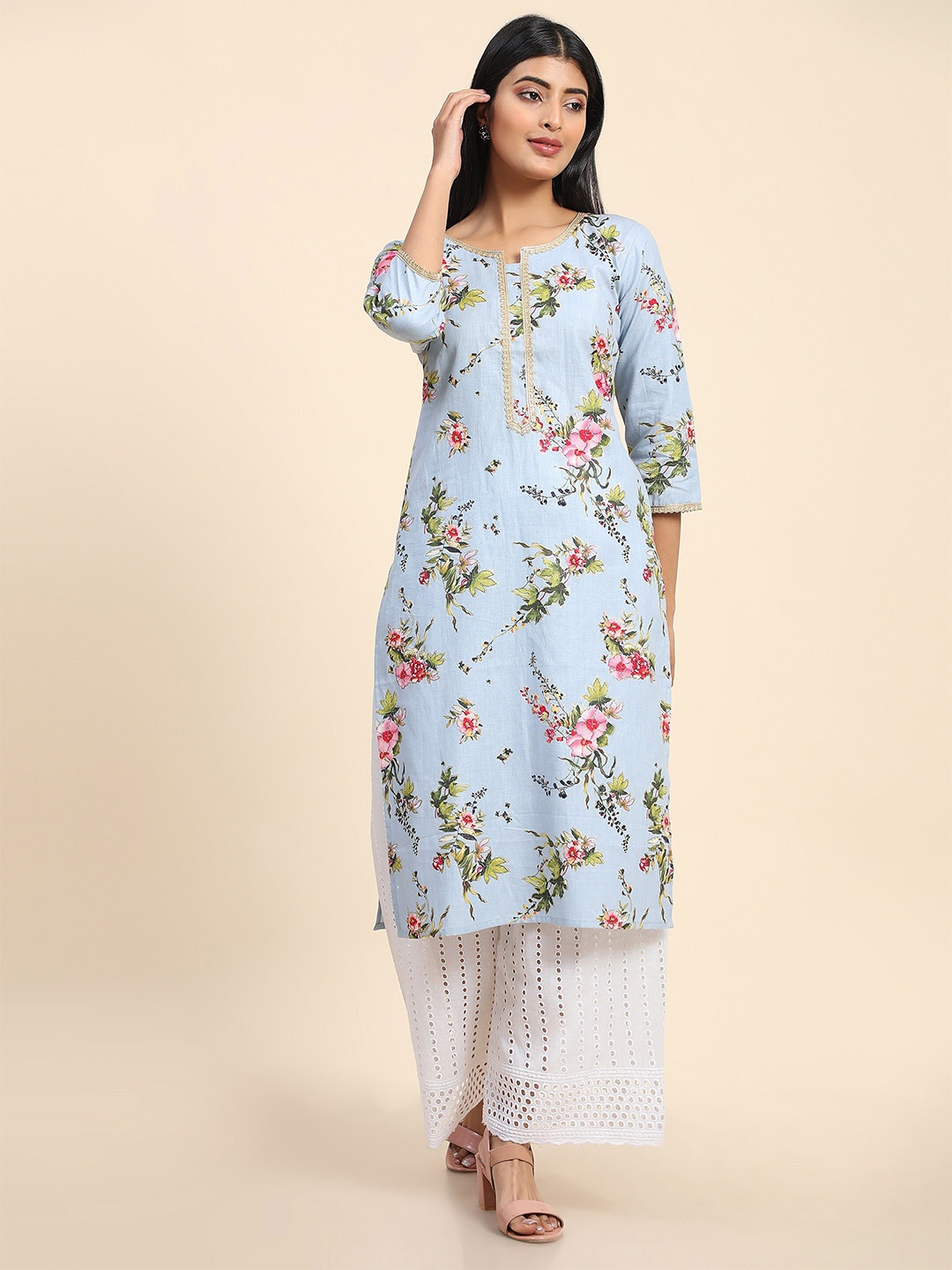 

DIVASTRI Floral Printed Gotta Patti Straight Kurta, Blue