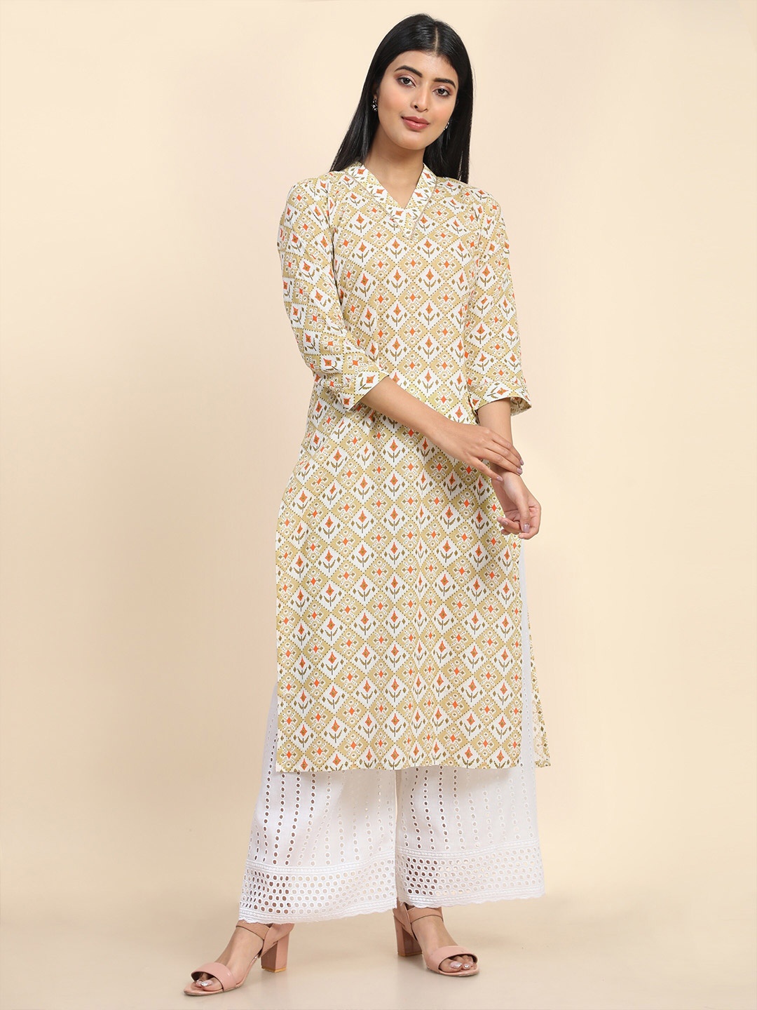 

DIVASTRI Ethnic Motifs Printed Straight Kurta, Cream