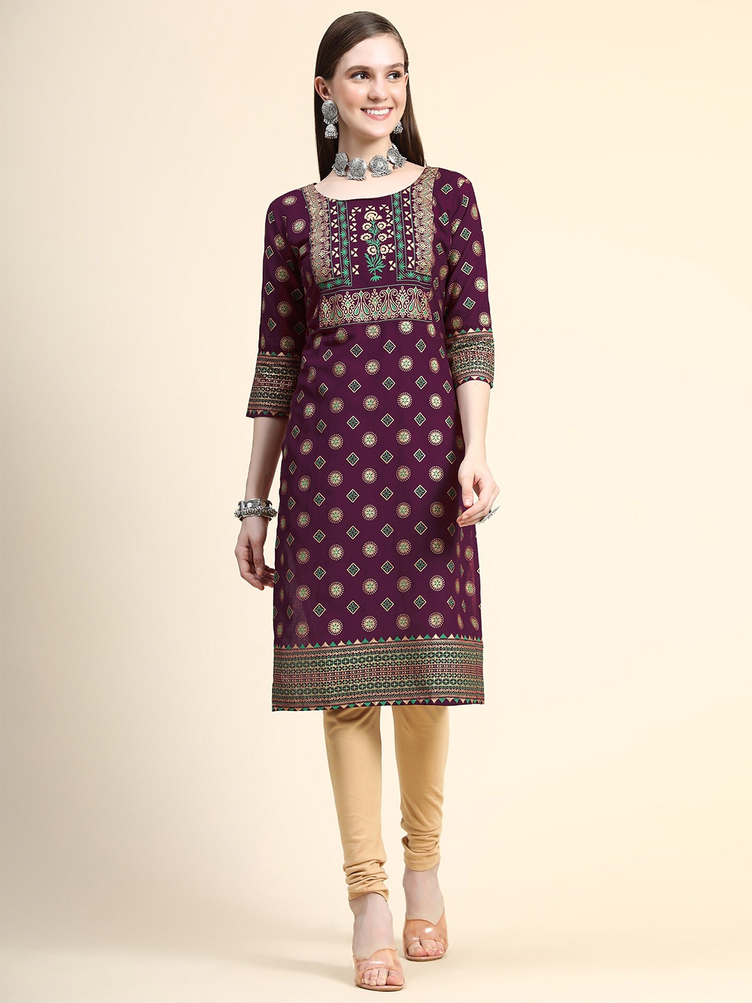 

DIVASTRI Ethnic Motifs Printed Straight Kurta, Purple