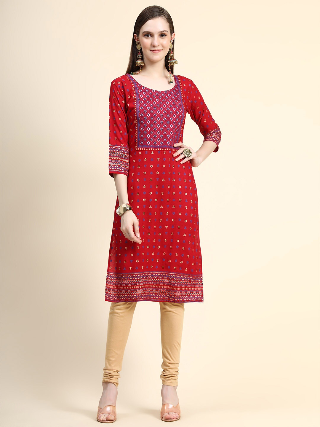 

DIVASTRI Ethnic Motifs Printed Straight Kurta, Red