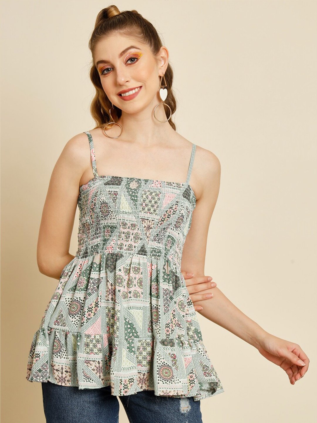 

BAESD Floral Printed Smocked Pleated A-Line Top, Green