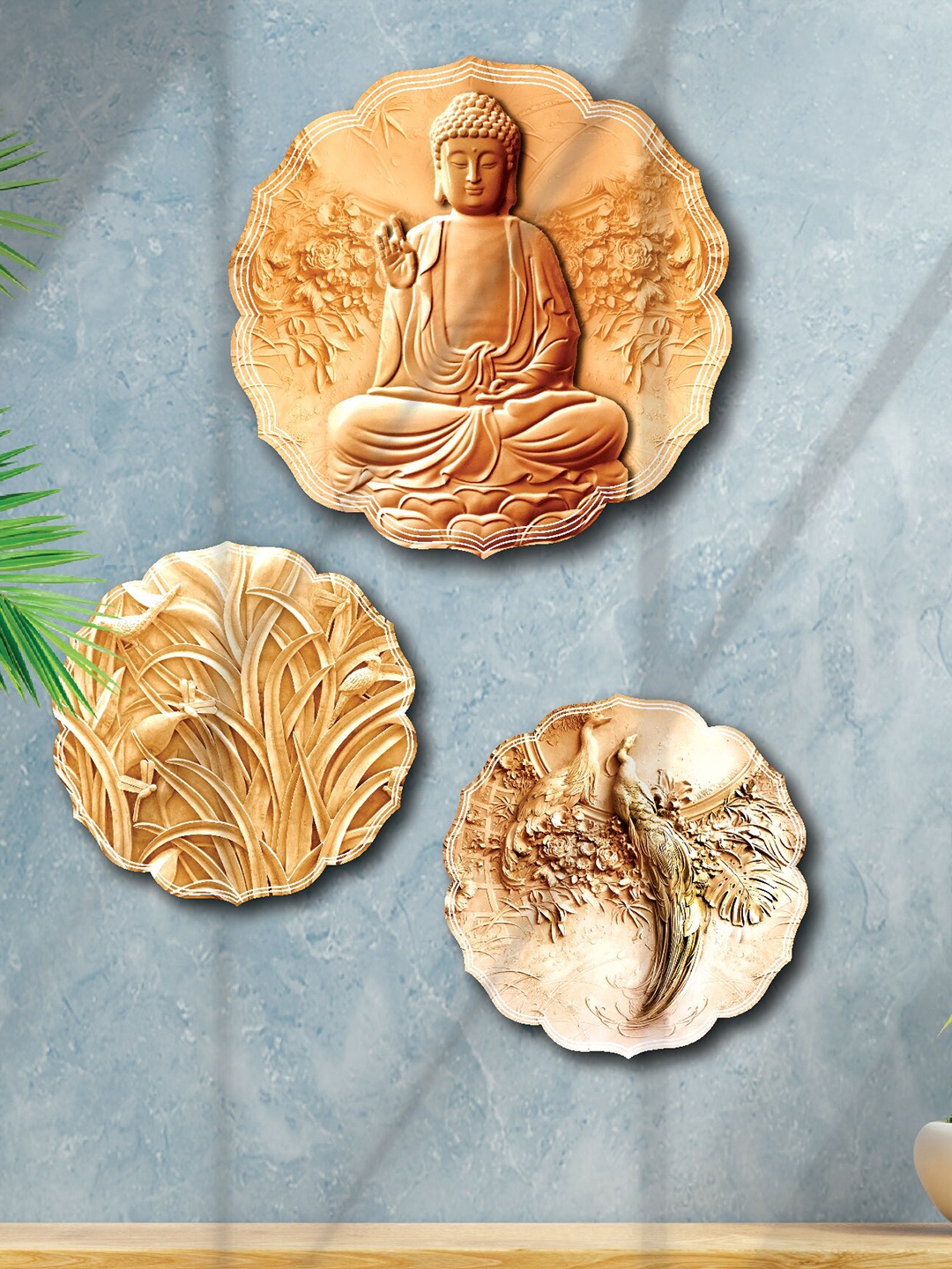 

SAF Tan 3 Pieces MDF Lord Buddha Painting Wall Art