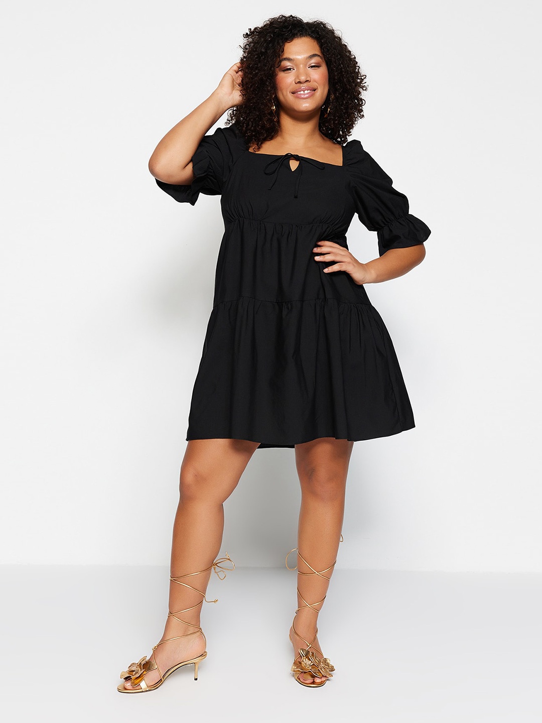 

Trendyol Tie Up Neck Fit & Flare Dress, Black