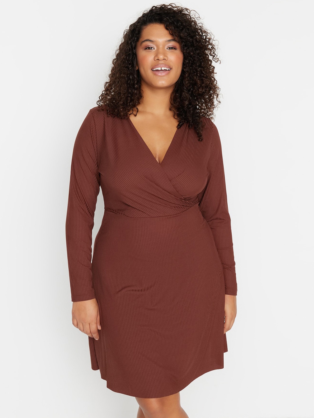 

Trendyol Plus Size V-Neck Full Sleeve A-line Dress, Brown