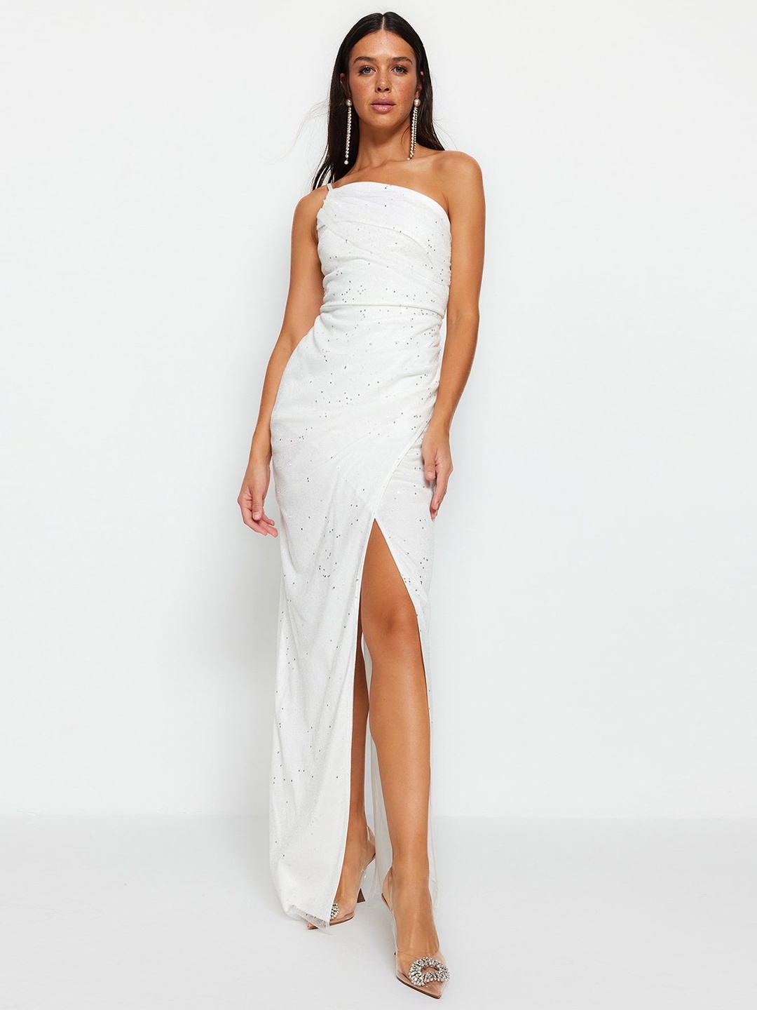 

Trendyol Embellished One Shoulder High Slit Dress, White