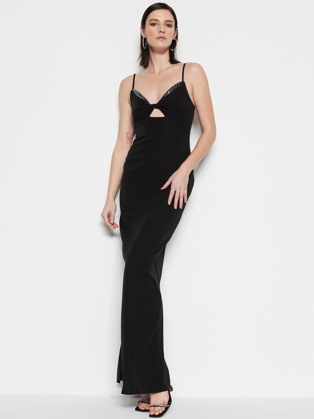 

Trendyol Embellished Twist-Knot Back Slit Maxi Dress, Black