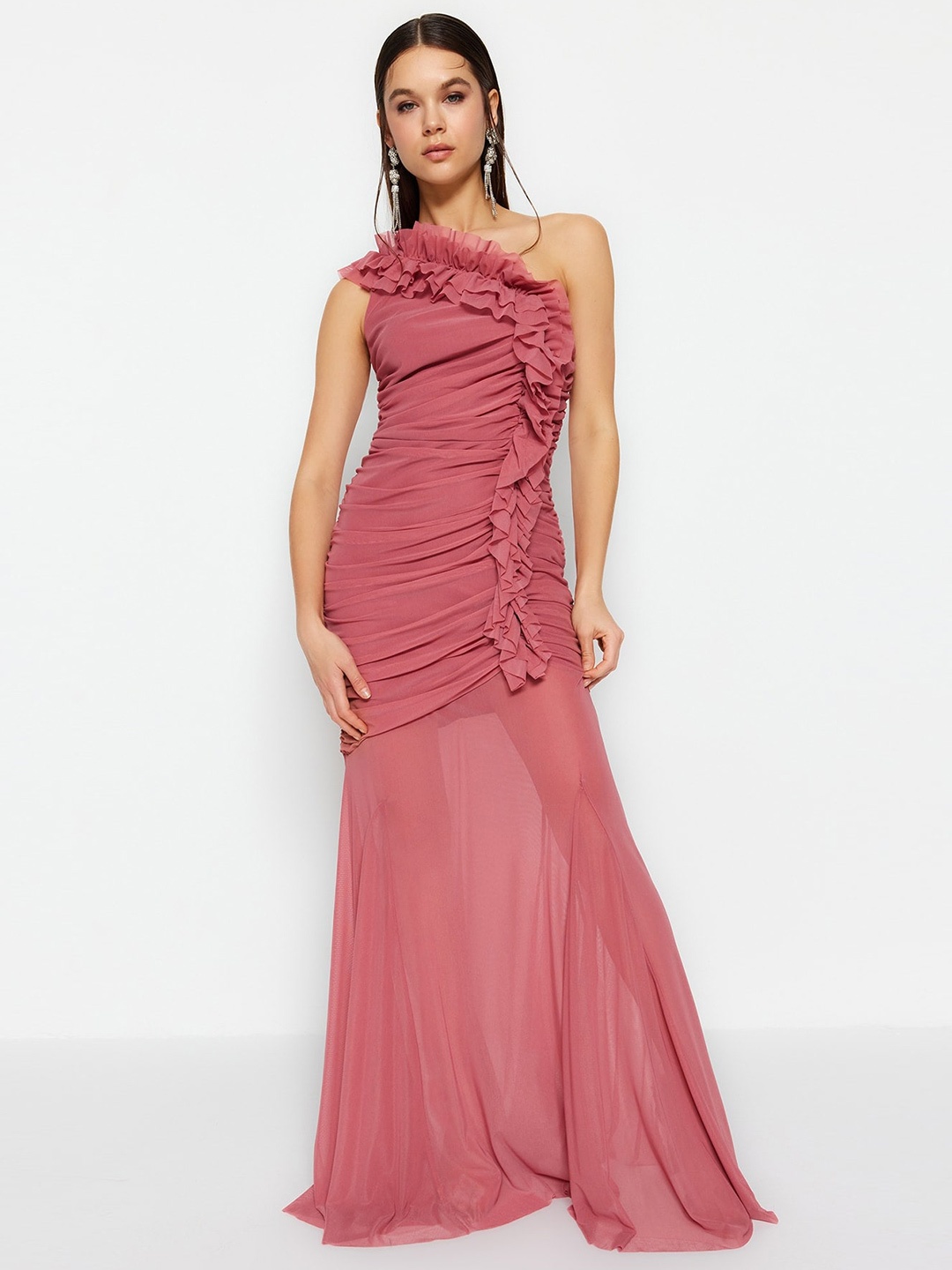 

Trendyol One Shoulder Ruffled Fishtail Maxi Dress, Pink