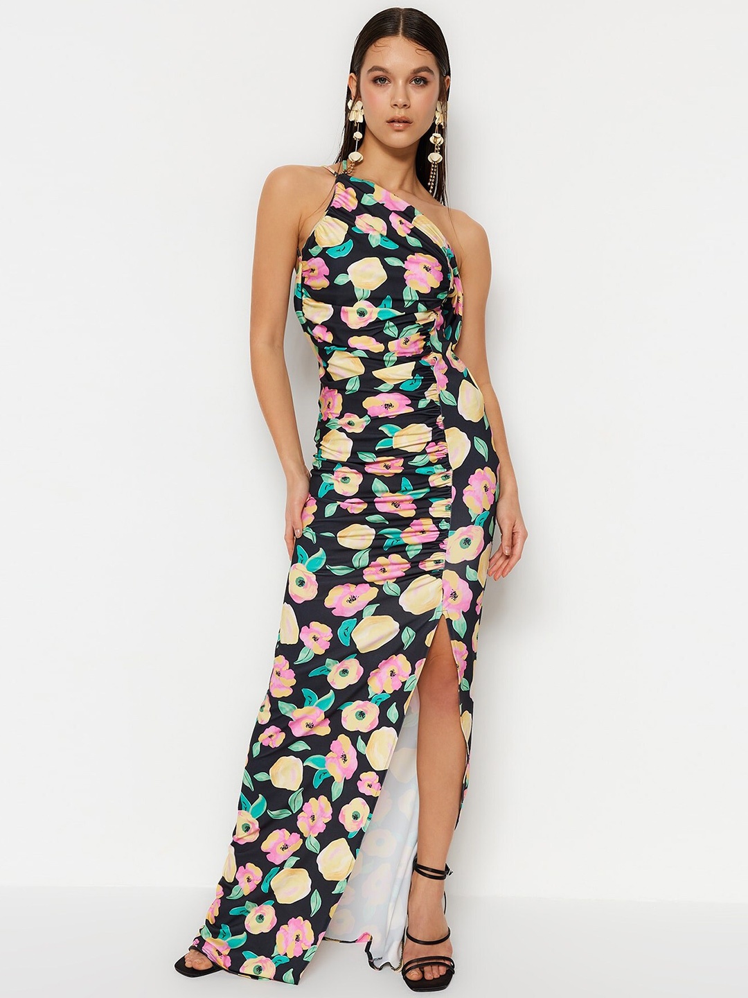 

Trendyol Floral Printed One Shoulder Sheath Maxi Dress, Black