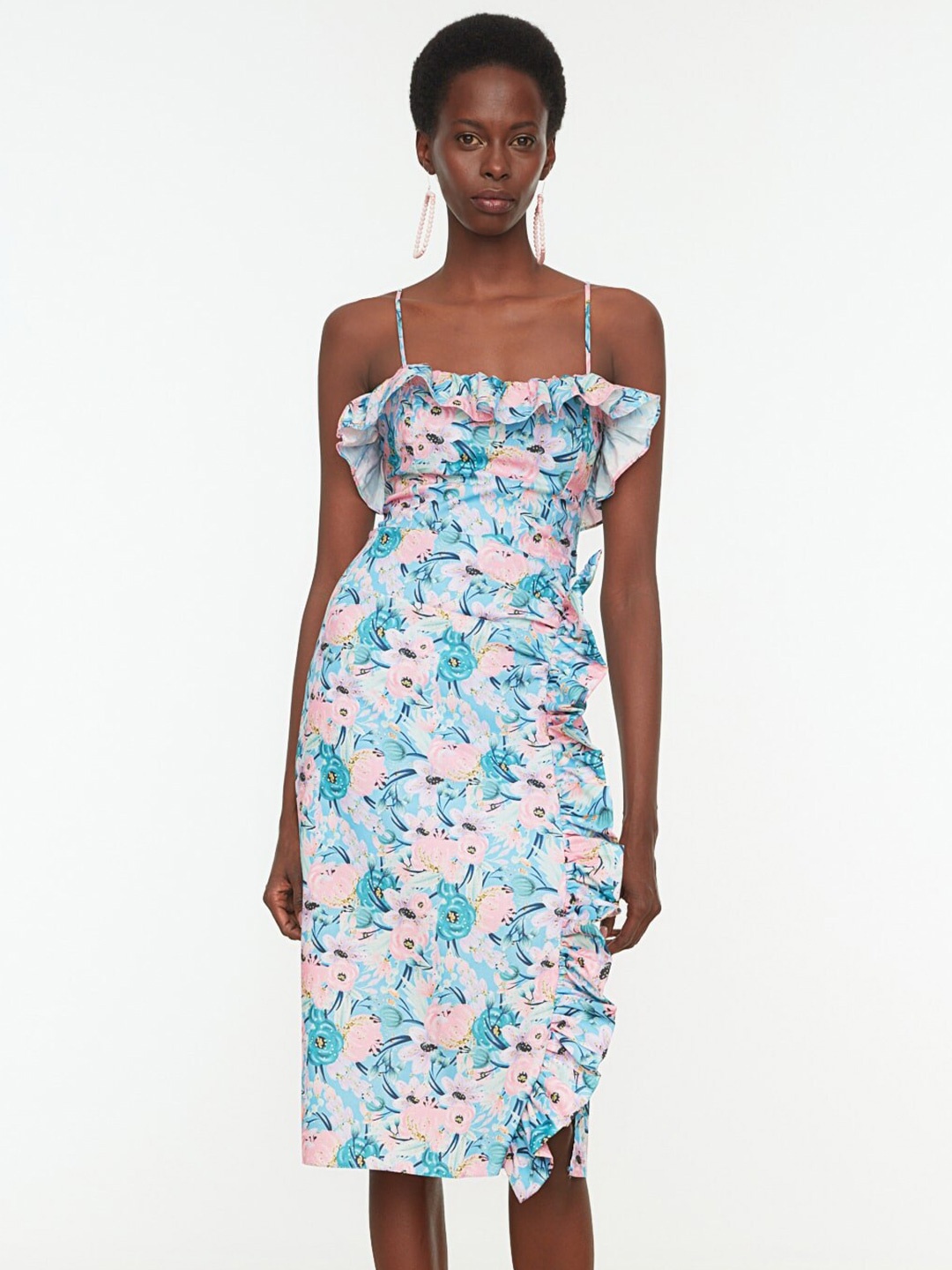 

Trendyol Floral Printed Ruffles Sheath Dress, Blue
