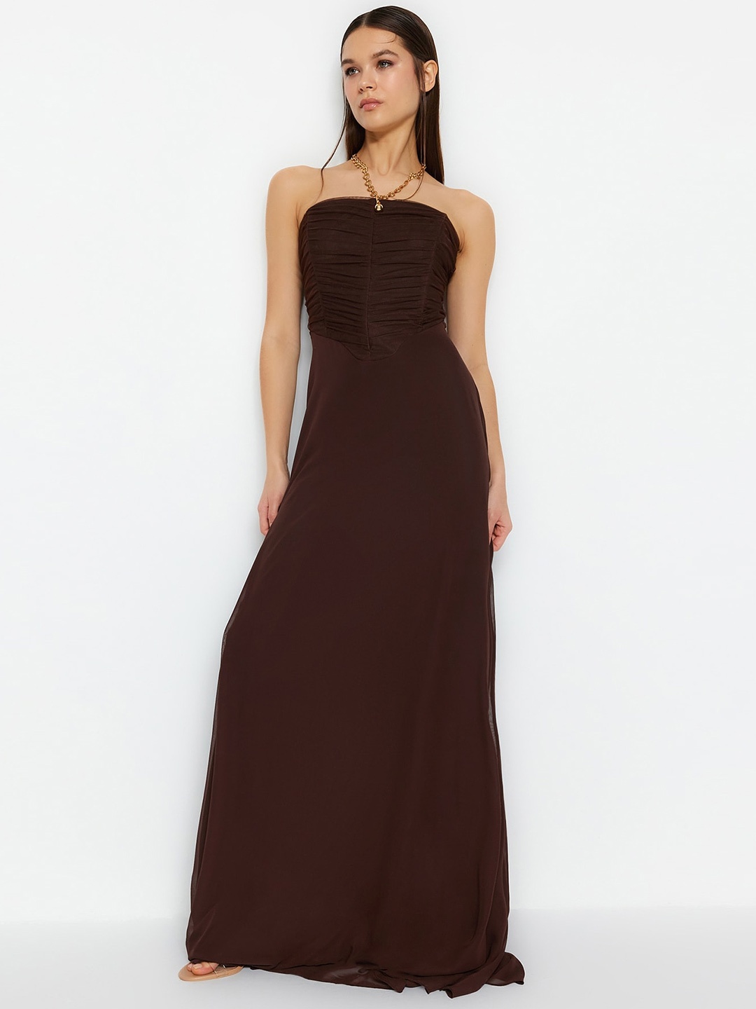 

Trendyol Off-Shoulder Ruched Maxi Dress, Brown