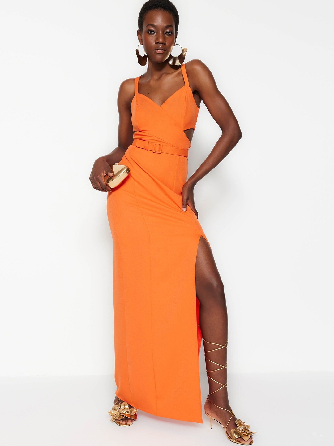 

Trendyol Shoulder Straps Cut-Out Belted Maxi Dress, Orange