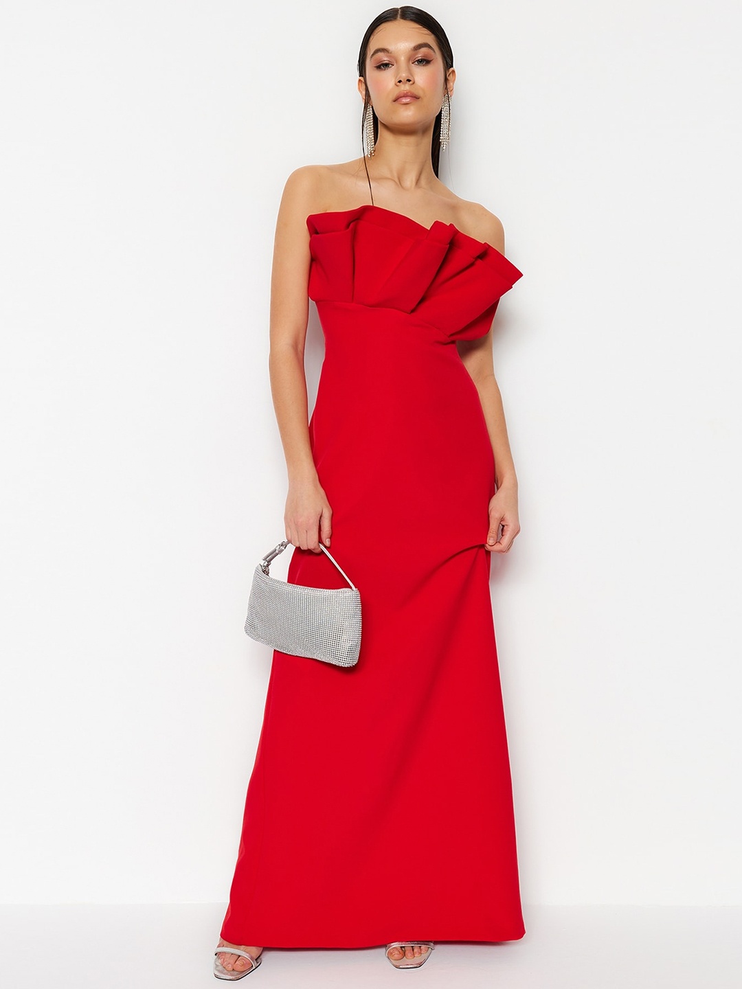 

Trendyol Off-Shoulder Gathered Maxi Dress, Red