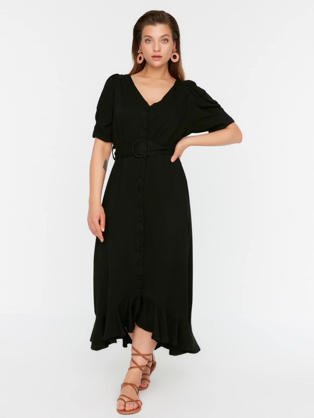 

Trendyol V-Neck Puff sleeves Flounce Hem Fit & Flare Midi Dress, Black