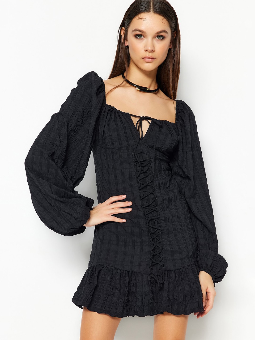 

Trendyol Tie-Up Neck Checked Puff Sleeves A-Line Mini Dress, Black
