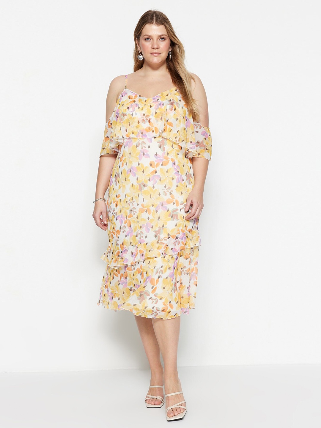 

Trendyol Floral Printed Cold-Shoulder A-Line Midi Dress, Yellow