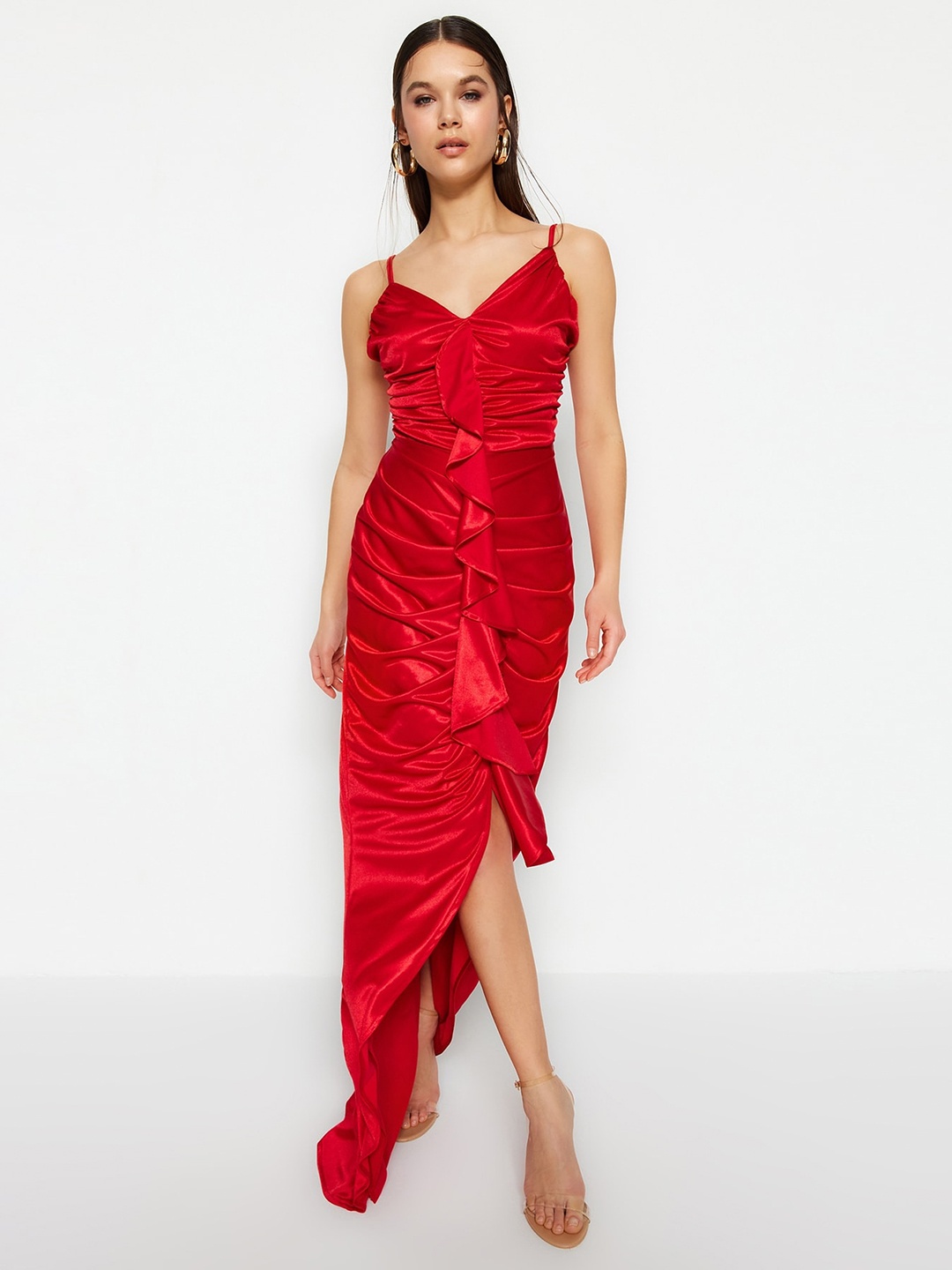 

Trendyol Shoulder Straps Ruched Detail Maxi Dress, Red