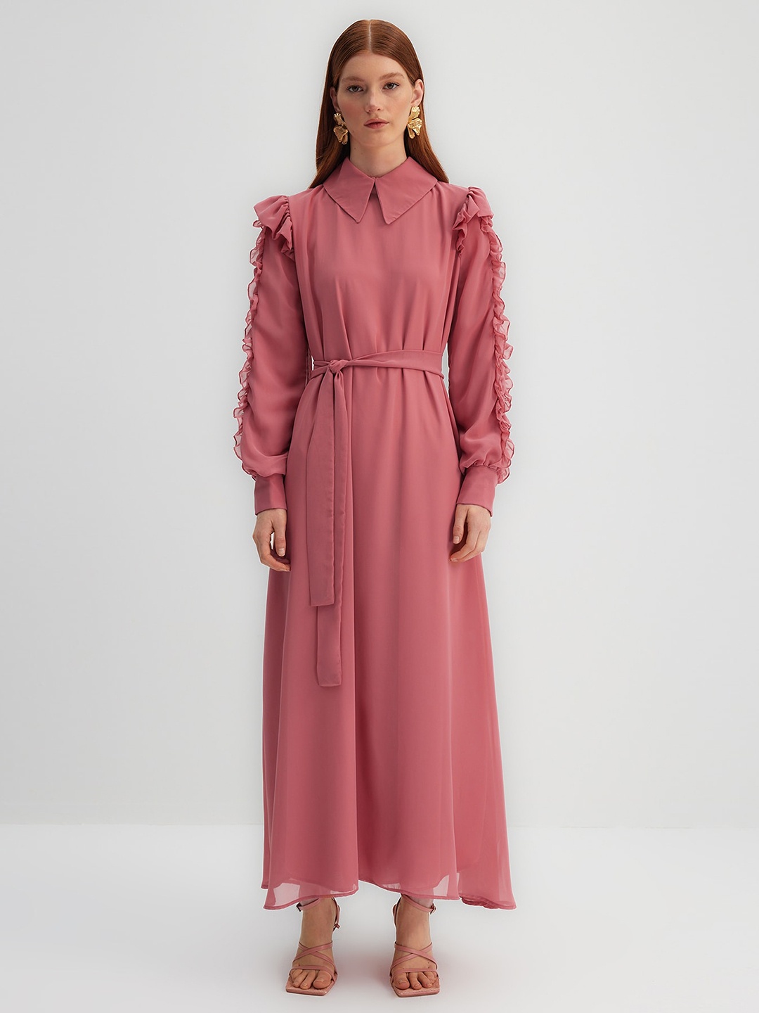 

Trendyol Above the Keyboard Collar Cuffed Sleeve Ruffled Maxi Dress, Pink