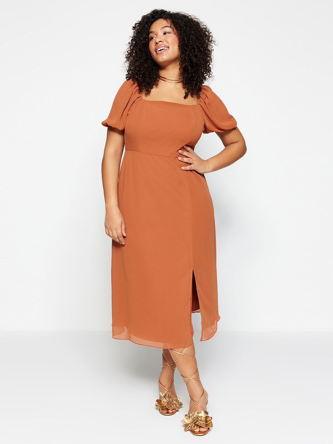 

Trendyol Square Neck Puff Sleeve A-Line Midi Dress, Brown