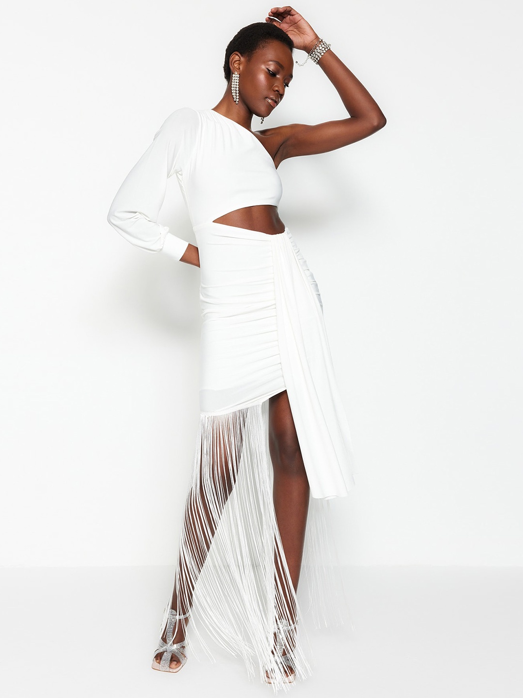 

Trendyol One Shoulder Cut-Out Fringed Bodycon Dress, White