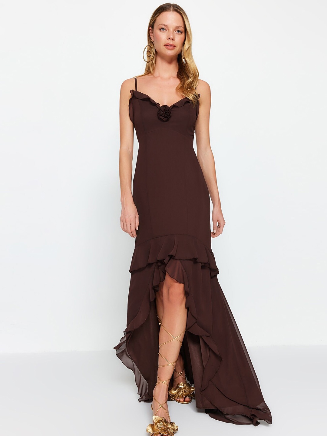 

Trendyol Shoulder Straps Ruffles Sheath Maxi Dress, Brown